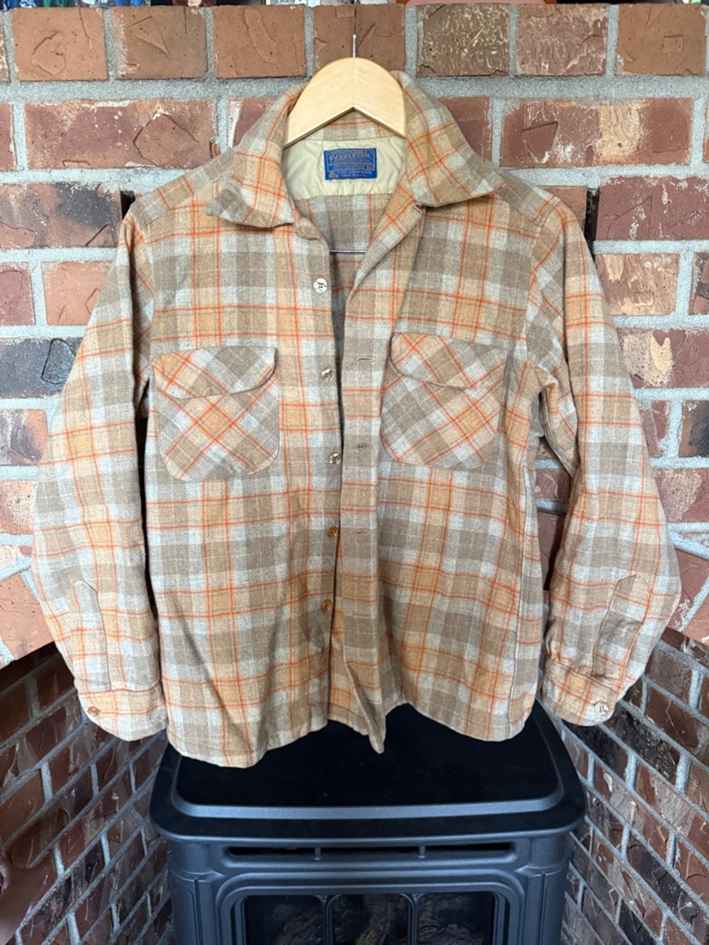 Pendleton Beige & Orange Plaid Wool button up shirt. Women’s Medium.